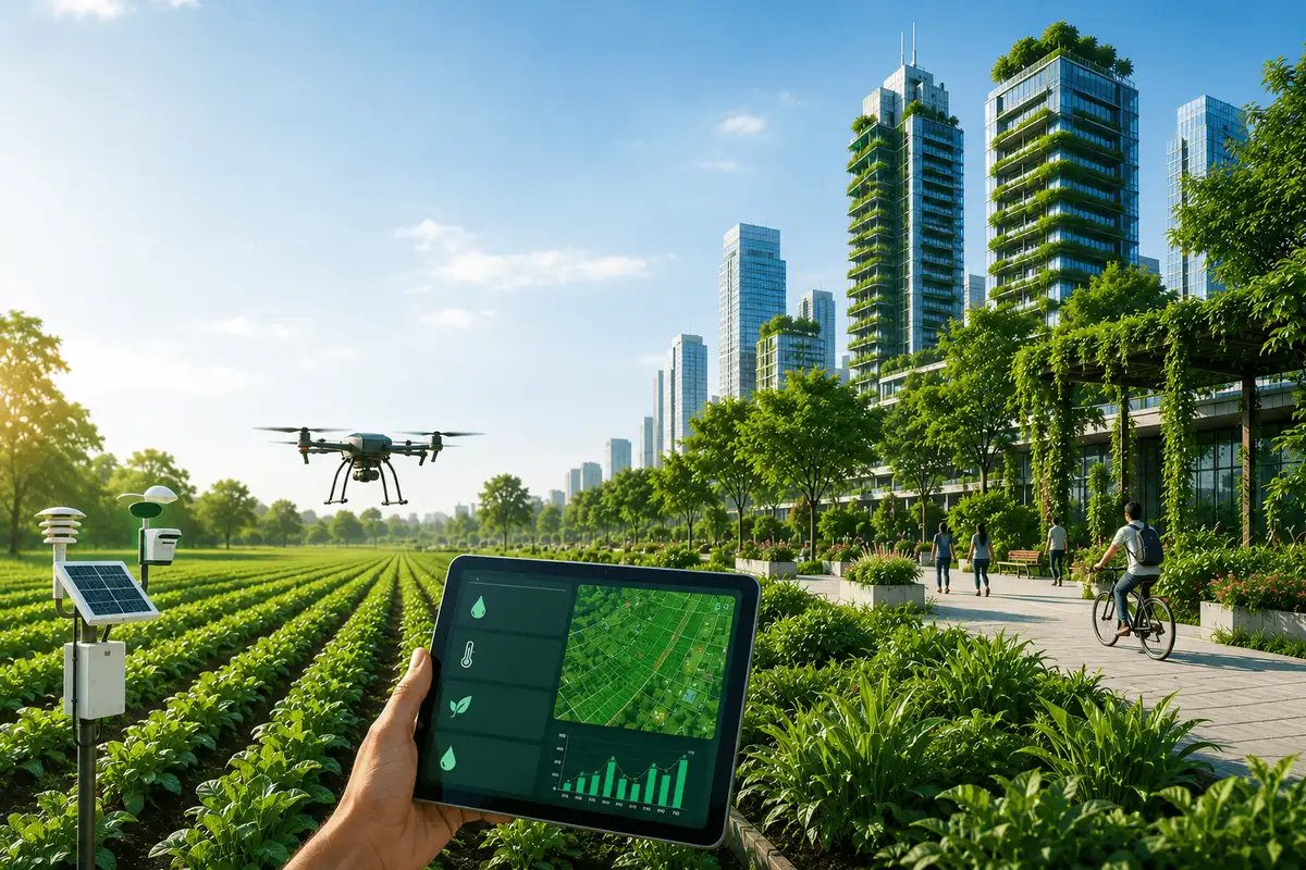 Urban green landscape with smart farming technology, drone monitoring, and digital dashboard, illustrating technology-enabled urban greening and sustainable agriculture.